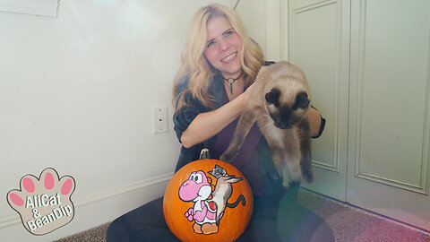 Halloween Pumpkin featuring BeanDip the cat and pink Yoshi