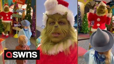 Grinch impersonator has hilarious interaction with two young children