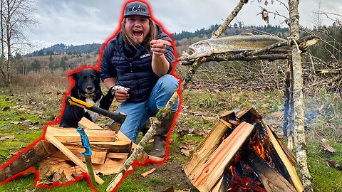 BUSHCRAFT Fire Roasted CATCH N' Cook, FISHING In LOG JAMS!!