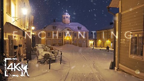 Enchanting Night Walk with Soft Snowfall, Old Town Porvoo, Finland 4K