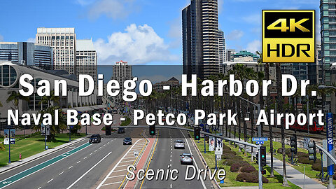 4k Scenic Drive on harbor drive through downtown San Diego, from the naval base to Point Loma