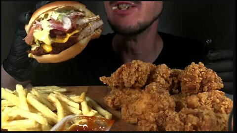 ASMR KFC Spicy Chicken Wings & Double Cheese Bacon Burger MUKBANG Eating Sounds No Talking