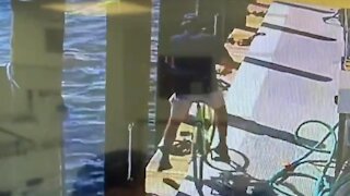 Guy riding bike falls off dock into water