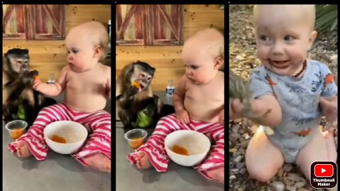 Baby and monkey eating together