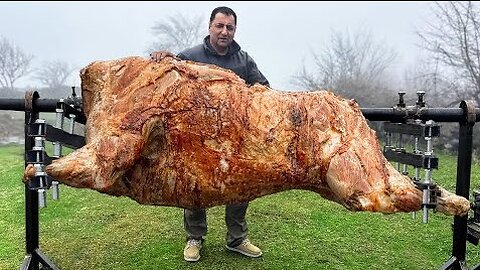 Roasting a Huge Bull on a Steel Spit! The Best Meat I've Tasted