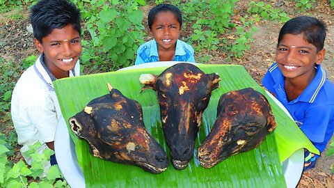 GOAT HEADS CURRY | Goat Heads Recipe Cooking and Eating in Village | Village Fun Cooking