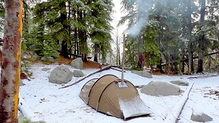 Fall Hot Tent Camping In Snow | ASMR