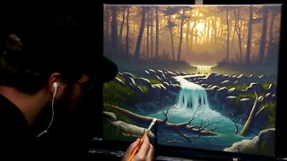 Acrylic Landscape Painting of a Misty Forest Waterfall - Time Lapse - Artist Timothy Stanford