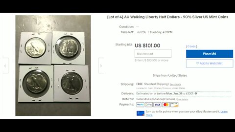 eBay Auction Ends Today: [Lot of 4] AU Walking Liberty Half Dollars - 90% Silver US Mint Coins