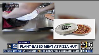 Pizza Hut serving plant-based meat in round box at Phoenix store