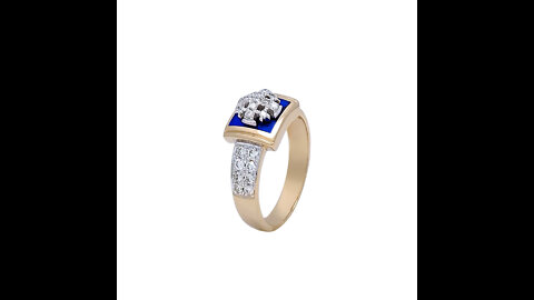 14K Gold Square Christian Ring with 29 Diamonds and Blue Enamel