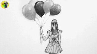 Girl Holding Beautiful Balloons Pencil Drawing