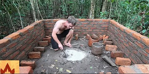 Primitive Technology: Wood Ash Cement & Fired Brick Hut