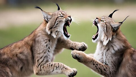 "Wildcat Confrontation: Dueling Lynxes Engage in a Territorial Roar-Off"