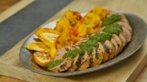 Grilled Cuban Mojo Marinated Pork Tenderloin with Fried Plantains