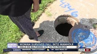 Woman survives fall into Baltimore manhole; frustrated DPW hasn't fixed problem 3 weeks later