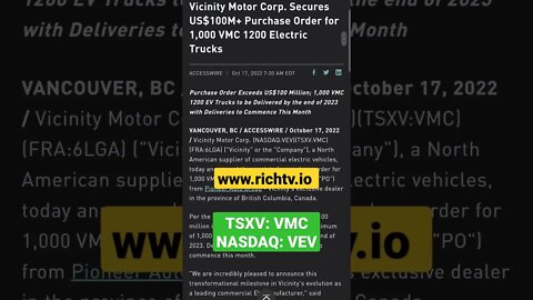 Vicinity Motor Corp. Secures US $100 Million + Purchase Order (TSXV: VMC NASDAQ: VEV)
