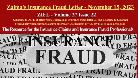 Zalma's Insurance Fraud Letter - November 15, 2023
