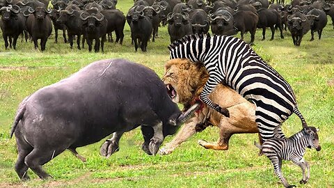 Brave! Buffalo Like God Rush To Attack Lion To Save The Zebra.