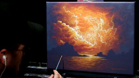 Acrylic Seascape Painting of a Fiery Lightning Storm - Time Lapse - Artist Timothy Stanford