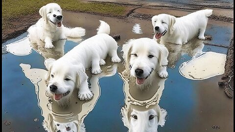 Doggy joy look how these white dogs puddle in the puddle