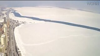 sheet of ice breaks away from Lake Michigan after a deep freeze