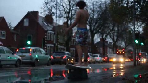 Flooding in UK allows for epic "surfing" experience