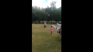 Man gets hit with his own toy plane!