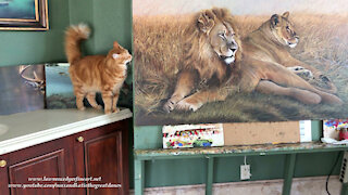Great Dane Watches Cat Inspect Lion And Lioness Painting