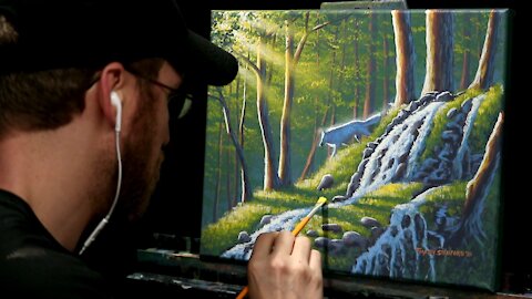 Acrylic Landscape Painting of a Forest Waterfall & White Wolf - Time-lapse - Artist Timothy Stanford