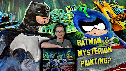 Batman meets South Park. Acrylic painting of Batman and Mysterion with a vibrant cityscape. On eBay