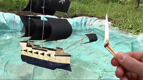 Burning a Pirate Ship made from Matches on Water