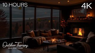 Autumn's Embrace: 10 Hours Cozy Thanksgiving Night Ambience | Crackling Fire & Blowing Leaves