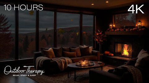 Autumn's Embrace: 10 Hours Cozy Thanksgiving Night Ambience | Crackling Fire & Blowing Leaves