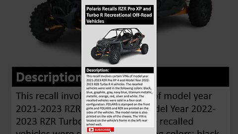Polaris Recalls RZR Pro XP and Turbo R Recreational Off Road Vehicles Due to Fire Hazard