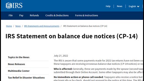 Incorrect CP14 Notice for Balance Due on Taxes