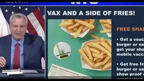 Vaxscene NY mayor Bill de Blasio burger and fries for vaccines