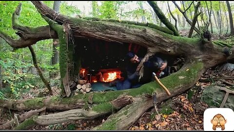 Camping Alone by the River, Swedish Fire, Chicken Burger, Relaxing in an Awning Shelter with My Dog