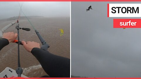 Adrenaline junkie kite surfs in 80mph winds during Storm Ciara