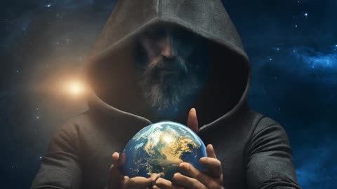 hooded bearded man holding a planet in his hand