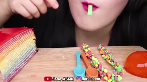 ASMR RAINBOW CREPE CAKE, EDIBLE SPOON, MACARON, NERDS ROPE JELLY