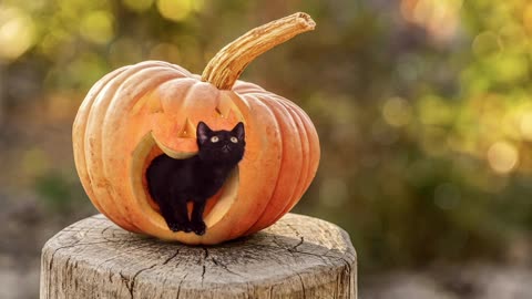 Frightened kitten in the pumpkin