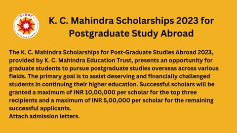 K. C. Mahindra Scholarships For PG students in India