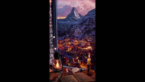 Snowfall❄ Relaxation Sleep 🎶 Relaxing music ☕Winter Warm Ambience Switzerland village, reading book📚