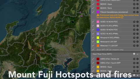 Mount Fuji hotspots and fires from 2023-03-30 17 monitored by NASA, 気象庁. 富士山噴火預警。富士山北側山麓の気温が高い。