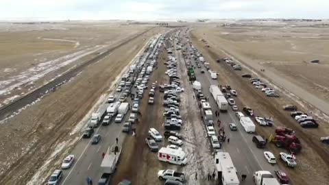 Aerial View Of Coutts Trucker/Farmer Blockade On The US-Canada Border