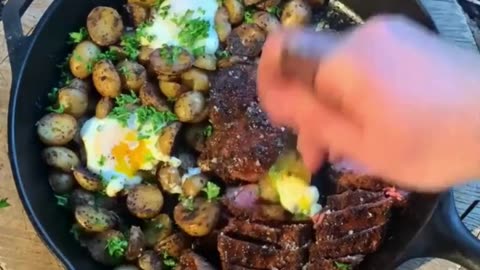 Strip Steaks with Potatoes and Eggs