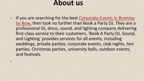 Best Corporate Events in Bromley by Bow.