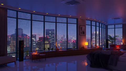 Listen to the quiet rain in a cozy bedroom in a high-rise building with city night views. (8 hours)