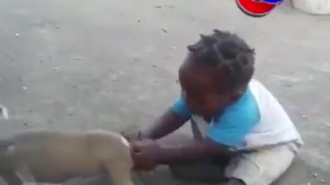 Smart baby using initiative to free herself from the puppy's grip.